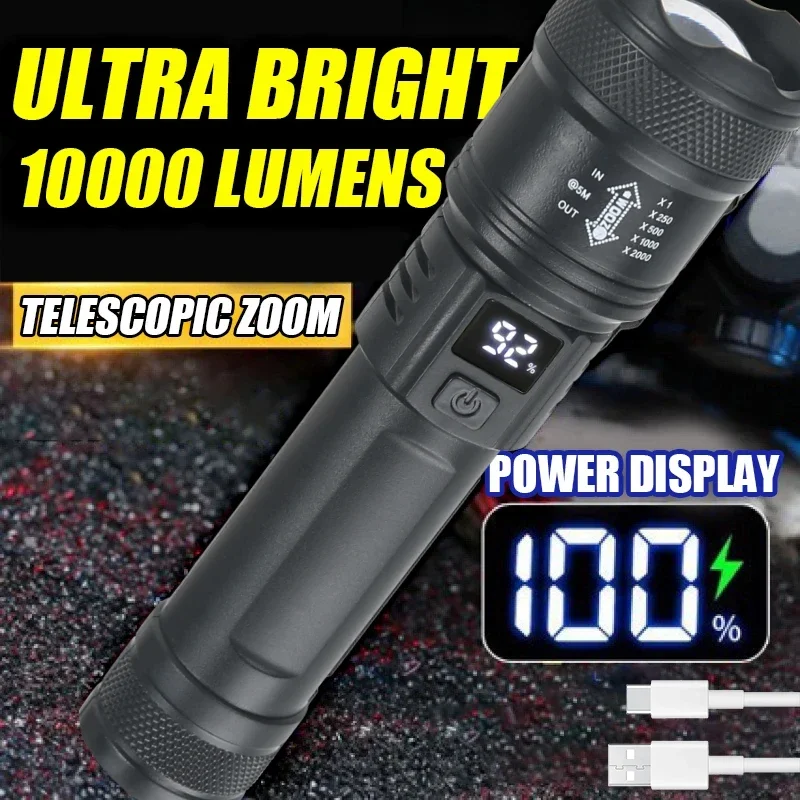 Outdoor Lighting Nearby - バッテリーディスプレイ付きの強力なLED懐中電灯,USB充電式ライト,伸縮ズームトーチ,屋外キャンプ用ランプ,釣り用ランタン,9900lm