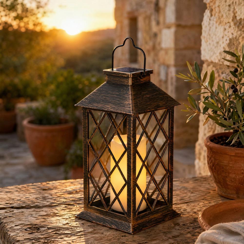 Outdoor Lighting Yard Decoration - レトロソーラーランタン、屋外ソーラーキャンドルランタン、吊り下げループ付き防水ソーラーガーデンライト、庭用装飾ライト