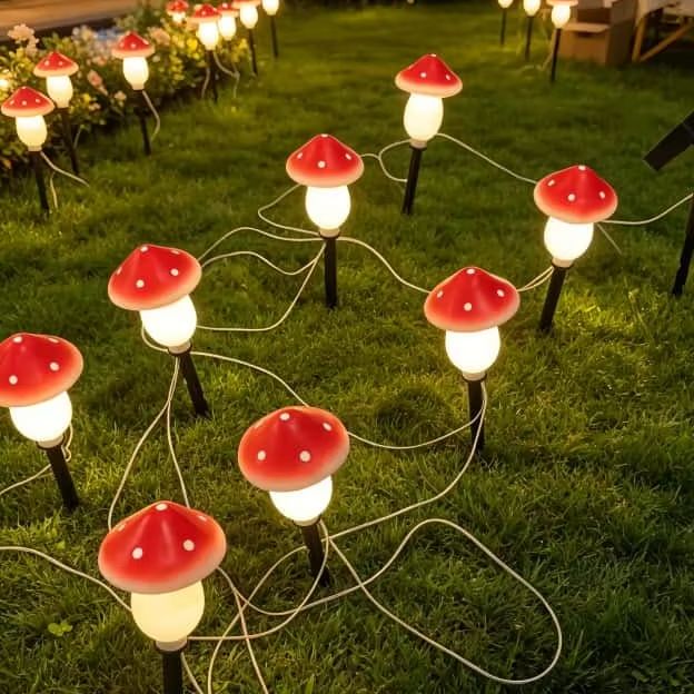 Outdoor Lighting Yard Decoration - ソーラーマッシュルームストリングライト 防水屋外ステークライト 庭 芝生 パティオ クリスマス