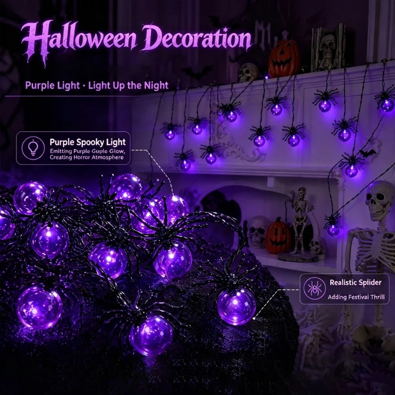 電池式スパイダーLEDストリングライト、ハロウィン屋外装飾、 - Outdoor Lighting Yard Decoration のレビューと価格