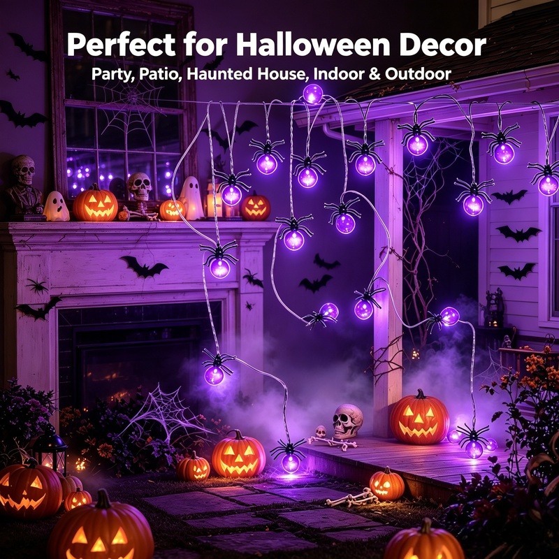 電池式スパイダーLEDストリングライト、ハロウィン屋外装飾、 - Outdoor Lighting Yard Decoration のレビューと価格
