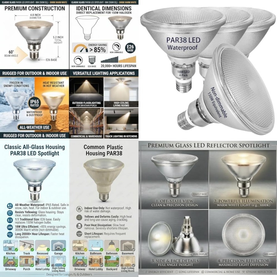 ガラス反射板PAR38 LED電球、温白色光、18W、屋内/ - Led Flood Light のレビューと価格