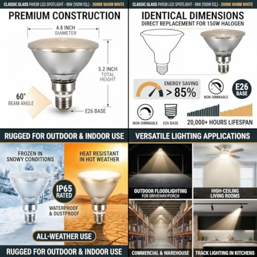 ガラス反射板PAR38 LED電球、温白色光、18W、屋内/ - Led Flood Light のレビューと価格